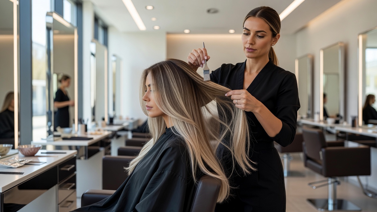 Coloration moderne balayage cendré sur cheveux longs et brillants