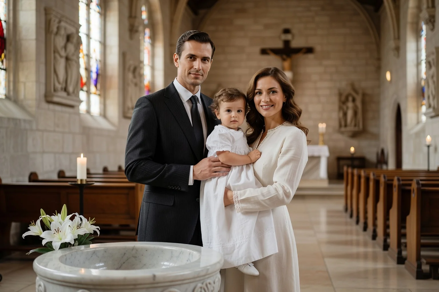 Couple franco-slave avec leur enfant en tenue de baptême devant les fonts baptismaux d'une église