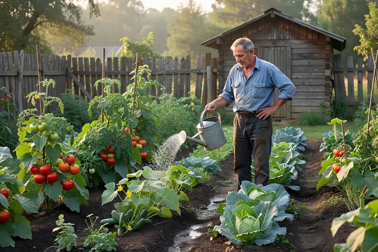 Jardinier arrosant son potager de datcha, rangées de tomates et concombres