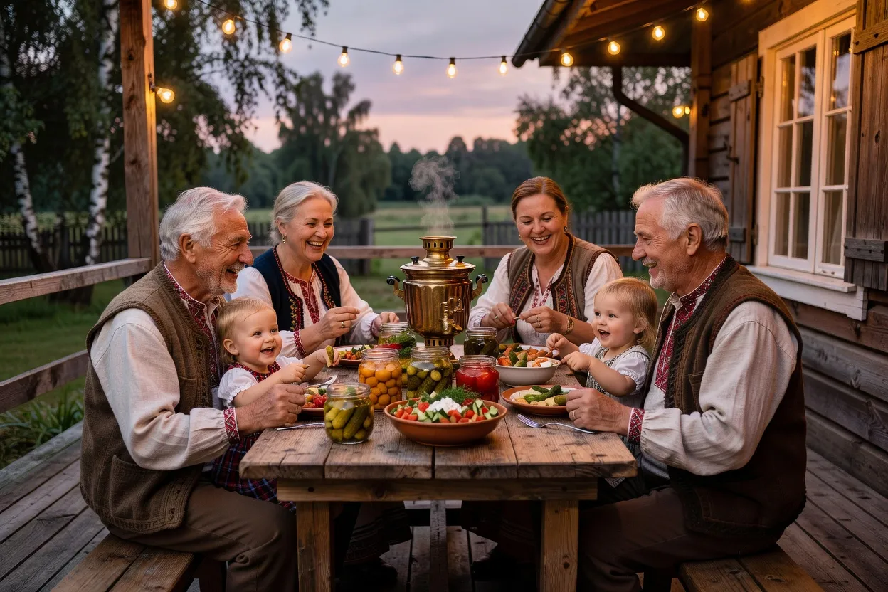 Famille slave partageant un repas en terrasse de datcha à la tombée du jour