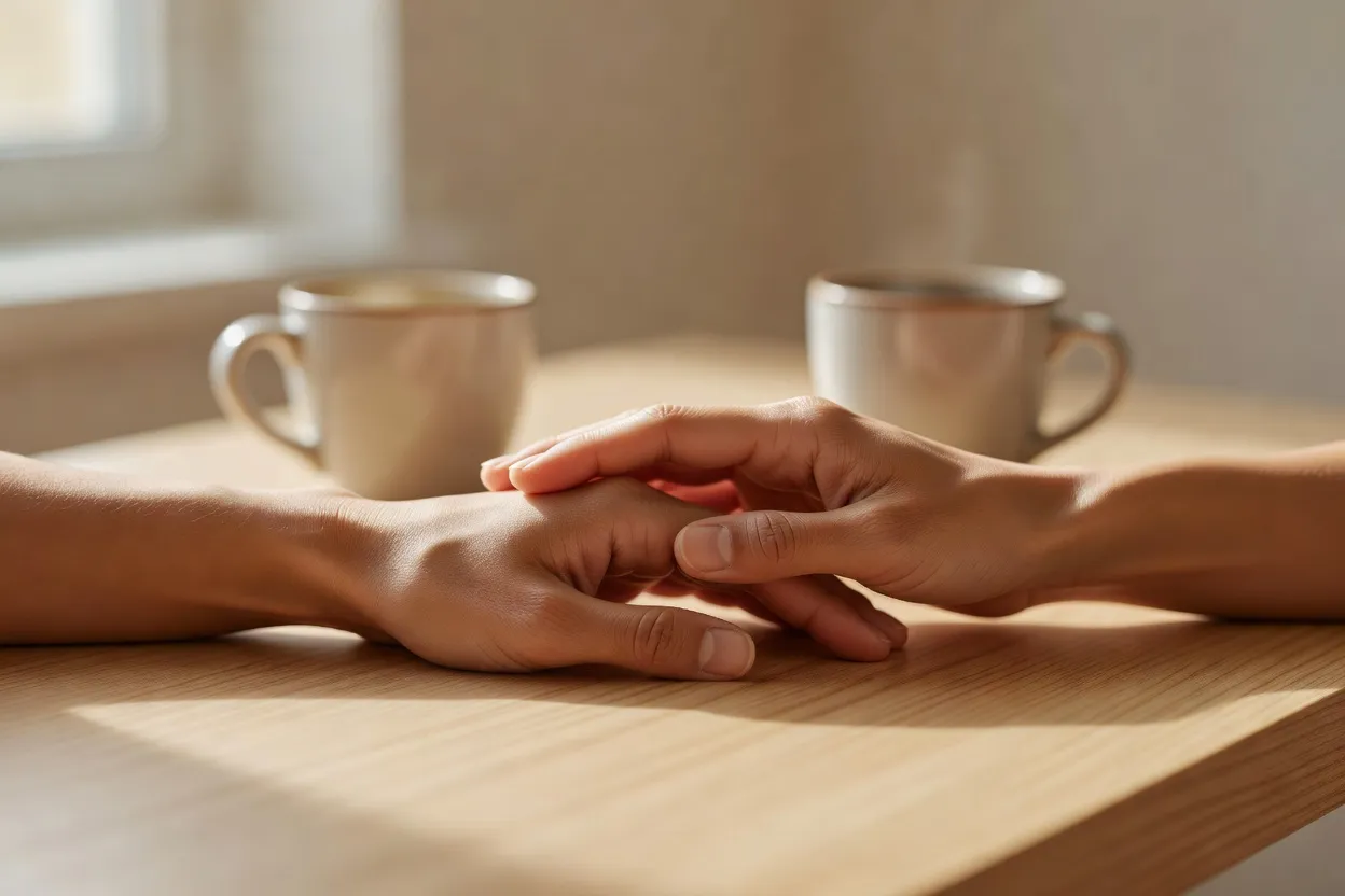 Deux mains posées sur une table, l'une tenant l'autre dans un geste de réconfort
