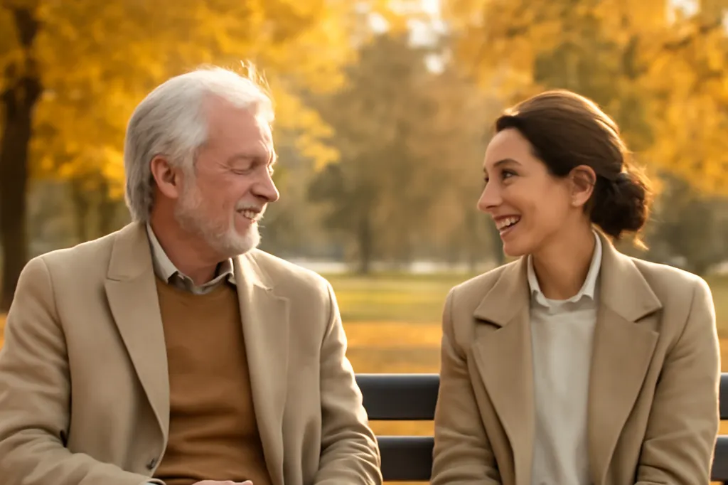 Couple avec un écart d'âge visible assis sur un banc en pleine conversation souriante