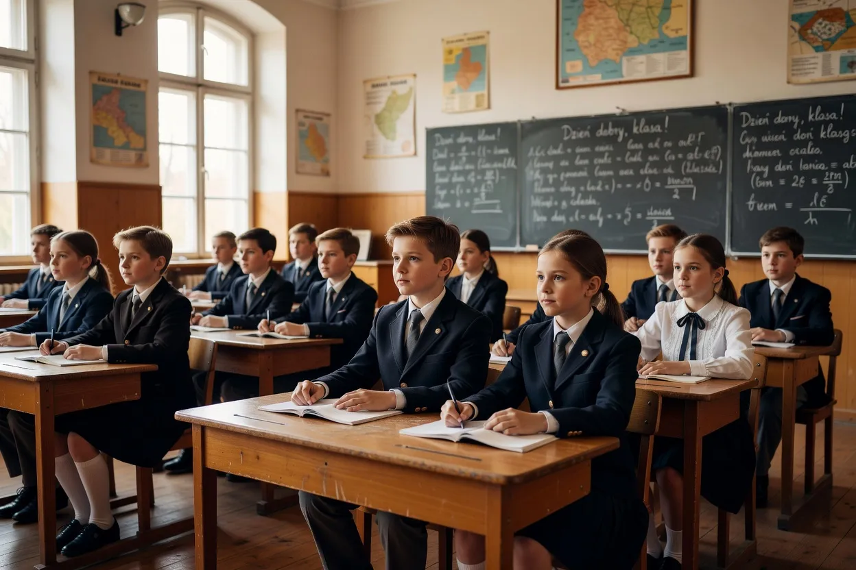Salle de classe d'une école d'Europe de l'Est avec élèves attentifs et tableau noir