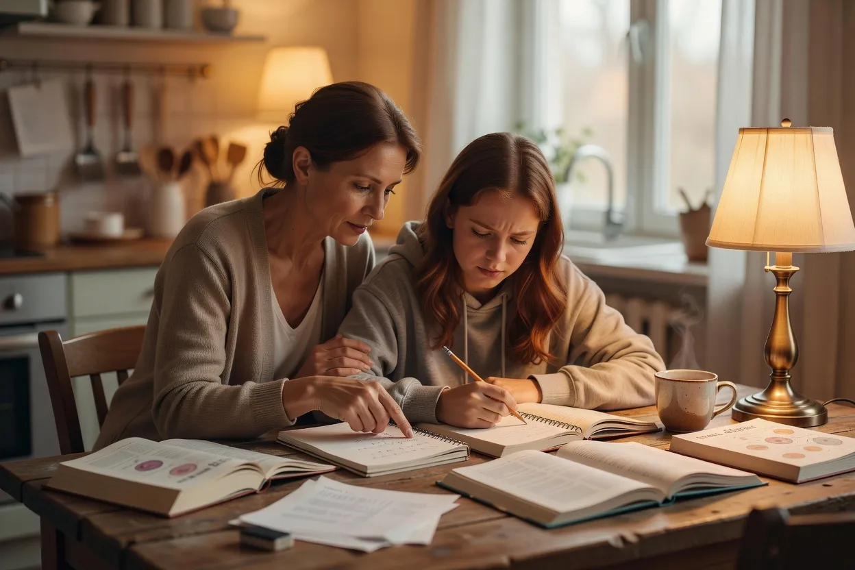 Mère slave aidant sa fille à faire ses devoirs à la maison, ambiance chaleureuse