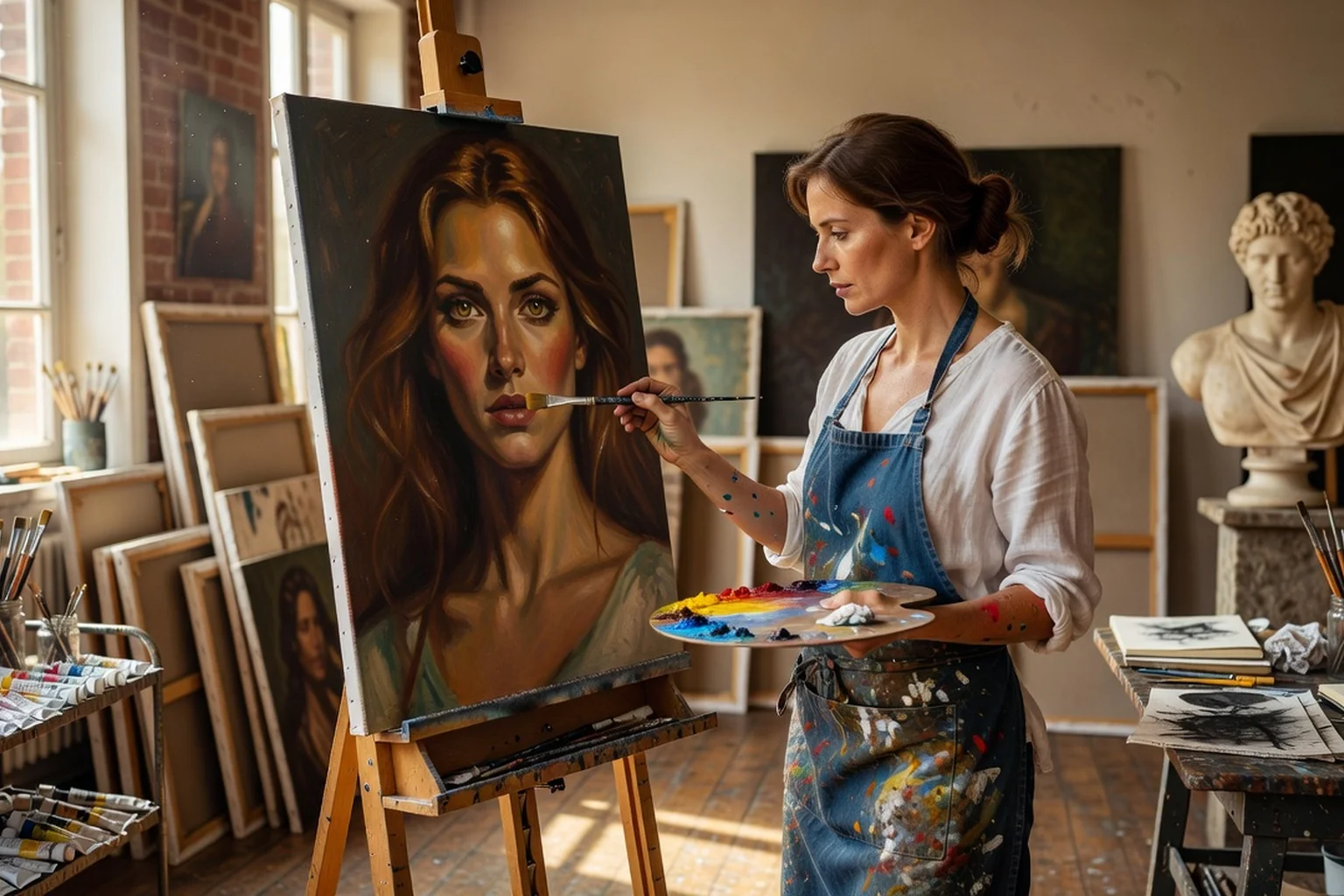Peintre femme dans un atelier baigné de lumière naturelle, chevalet avec portrait à l'huile, pinceaux et palette