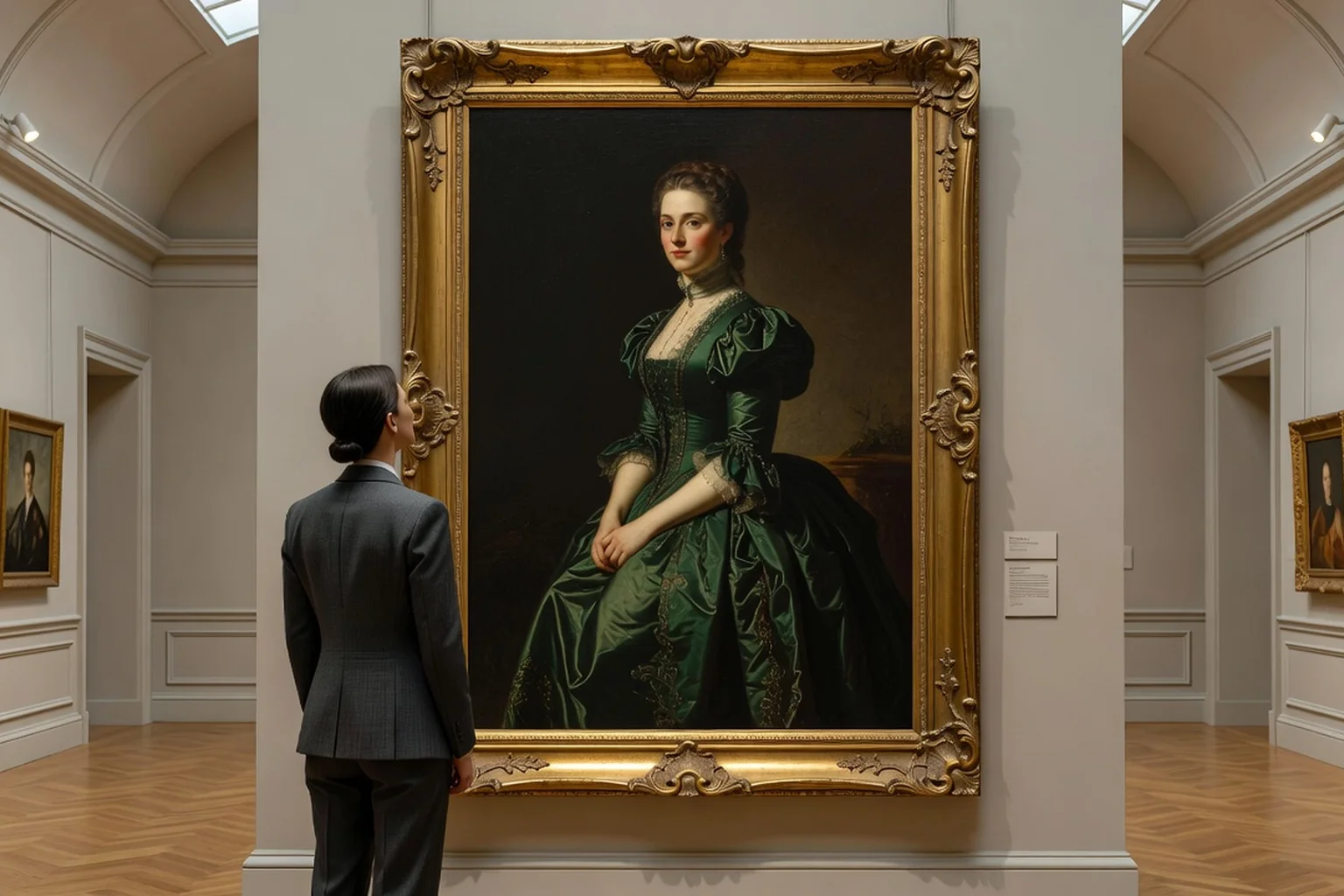 Salle de galerie d'art avec tableau de femme en robe du XIXe siècle dans un cadre doré, visiteuse de dos observant la toile