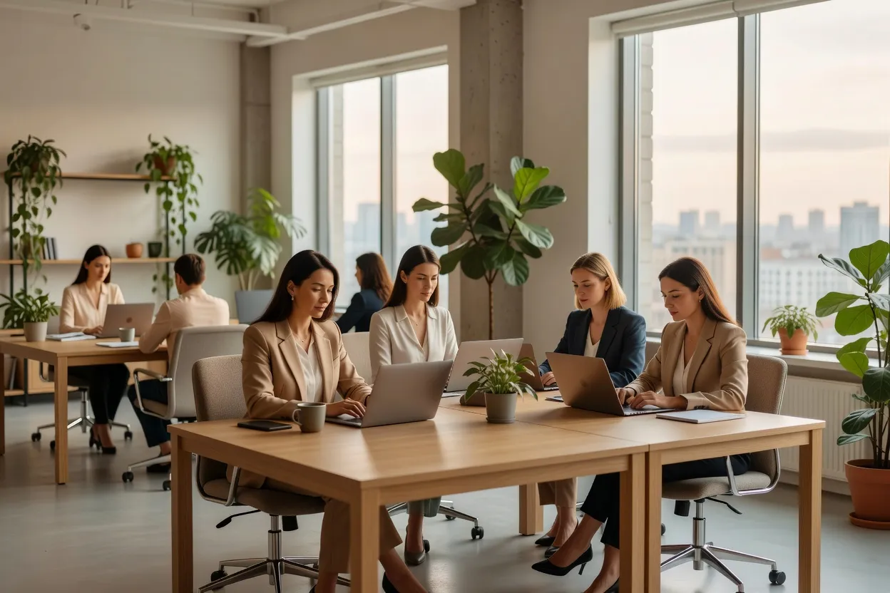 Open-space moderne à Moscou avec femmes travaillant sur leurs écrans