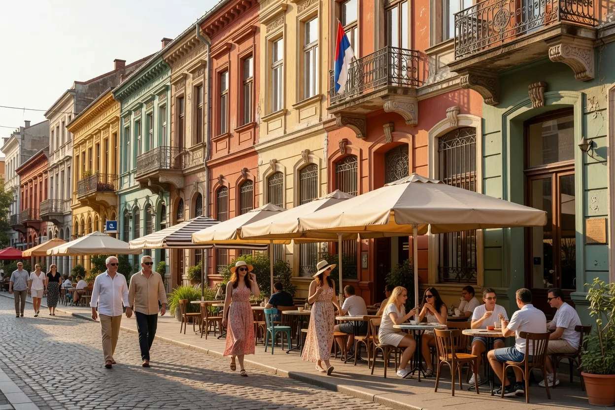 Rue piétonne de Belgrade avec façades colorées, terrasses de café et passants