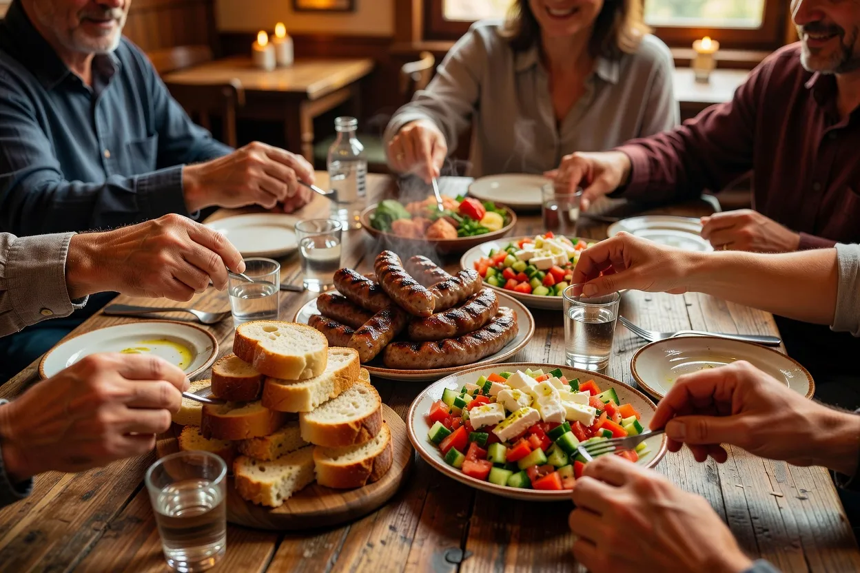 Table familiale serbe avec spécialités traditionnelles et verres de rakija