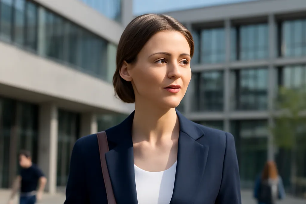 Jeune femme slovaque en blazer traversant un campus universitaire de Bratislava