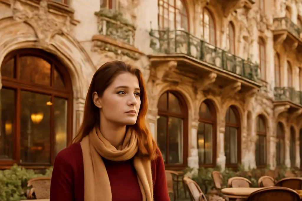 Femme tchèque assise à la terrasse d'un café devant une façade Art nouveau de Prague