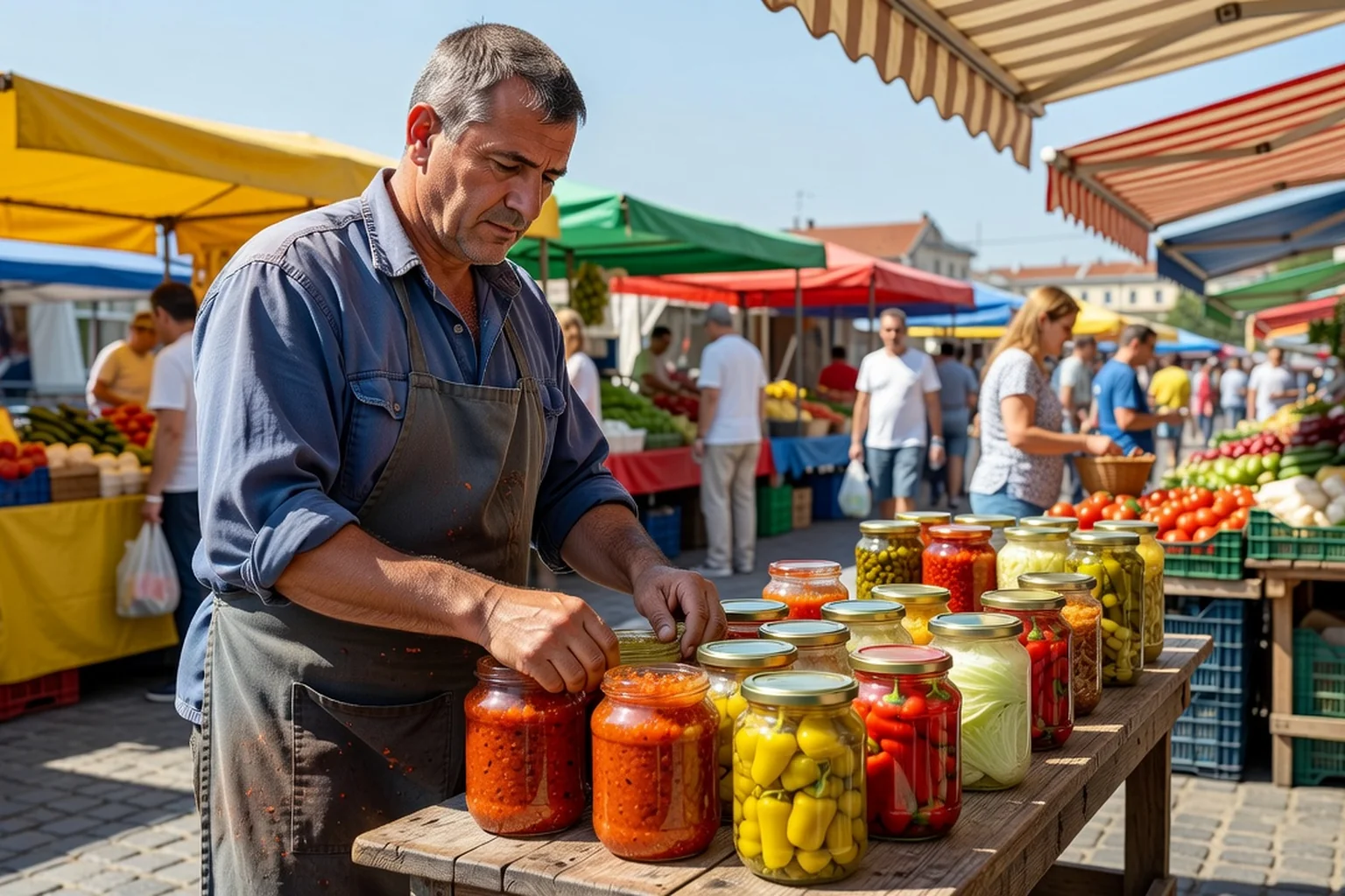 Homme serbe adulte en tablier de travail arrangeant des pots d'ajvar sur un marché de Novi Sad
