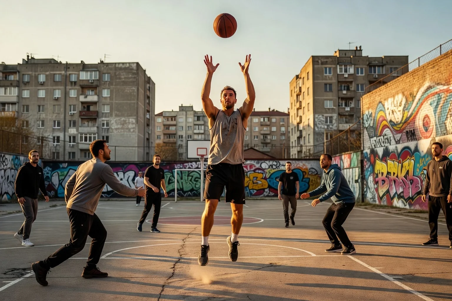 Homme serbe adulte jouant au basket-ball de rue avec des amis sur un terrain de Belgrade
