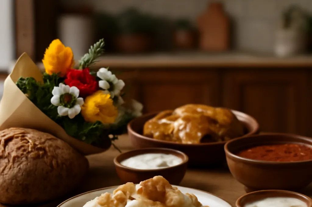 Table dressée avec plats traditionnels slaves, pain et bouquet de fleurs en cadeau