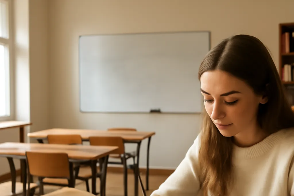 Jeune femme d'origine ukrainienne prenant des notes pendant un cours de langue en centre associatif