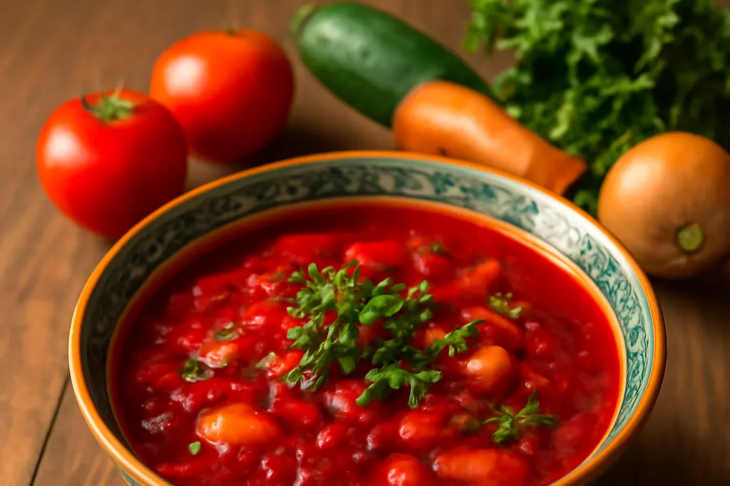 Bol de soupe traditionnelle slave garni d'herbes fraîches entouré de légumes