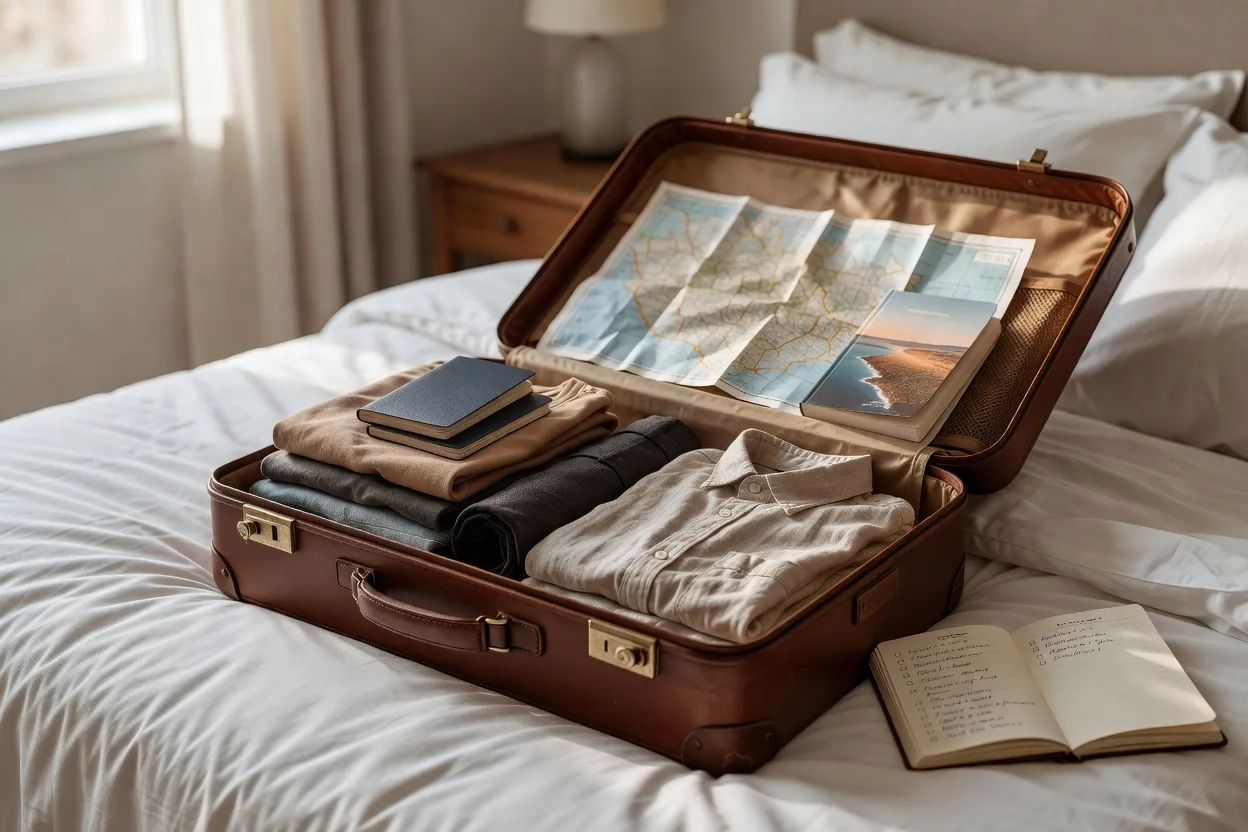 Valise ouverte prête pour un voyage avec passeports, carte et guide de voyage
