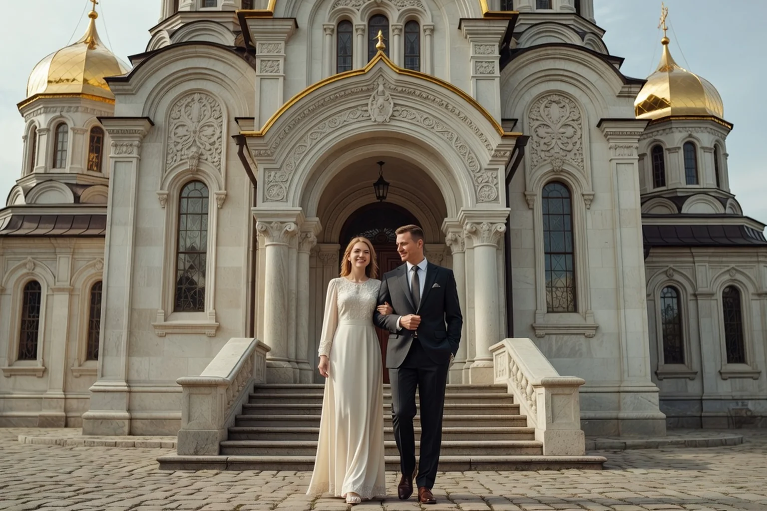 Couple élégant sortant d'une église orthodoxe aux dômes dorés après une cérémonie de mariage