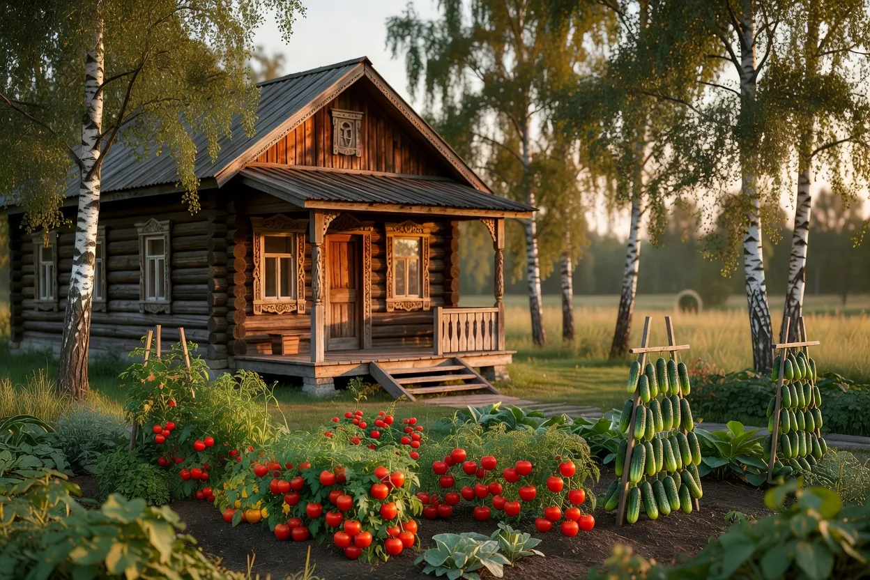 Datcha traditionnelle en bois avec jardin potager verdoyant en été