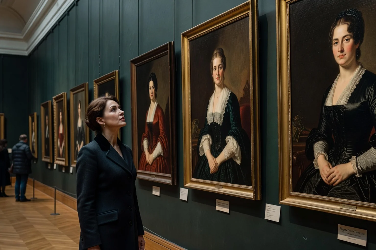 Femme élégante admirant de grands portraits de femmes du XIXe siècle dans une galerie de musée russe