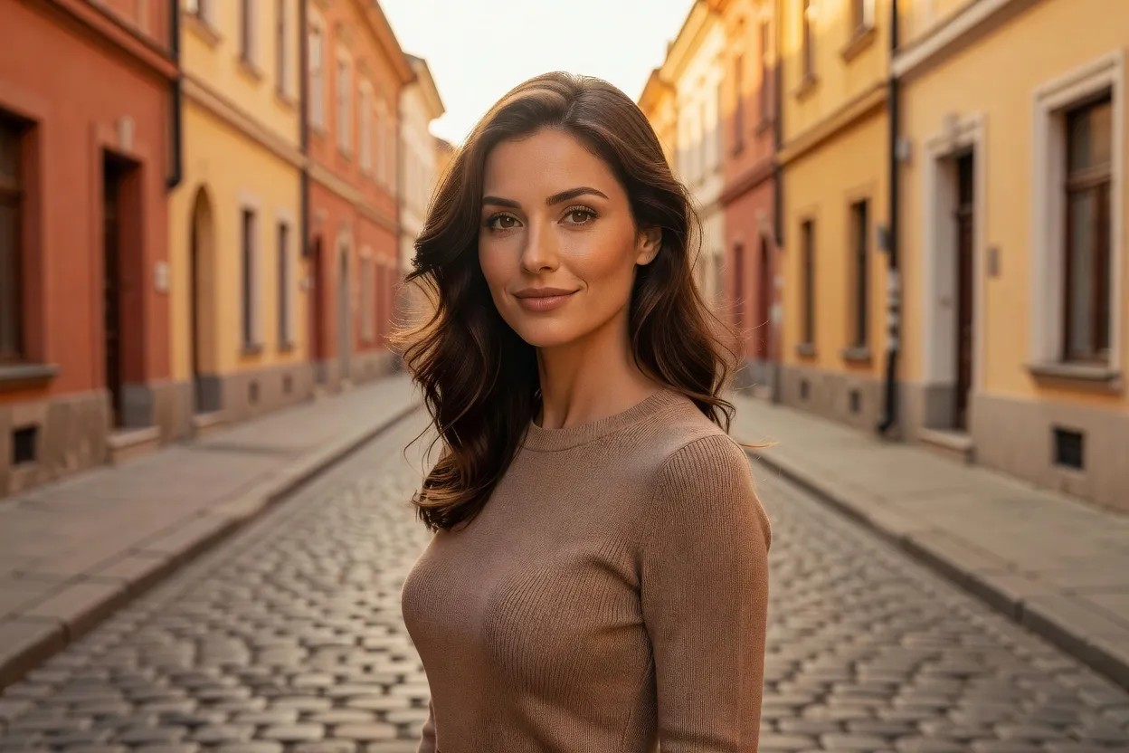 Femme serbe souriante en portrait, traits du visage typiques des Slaves du Sud