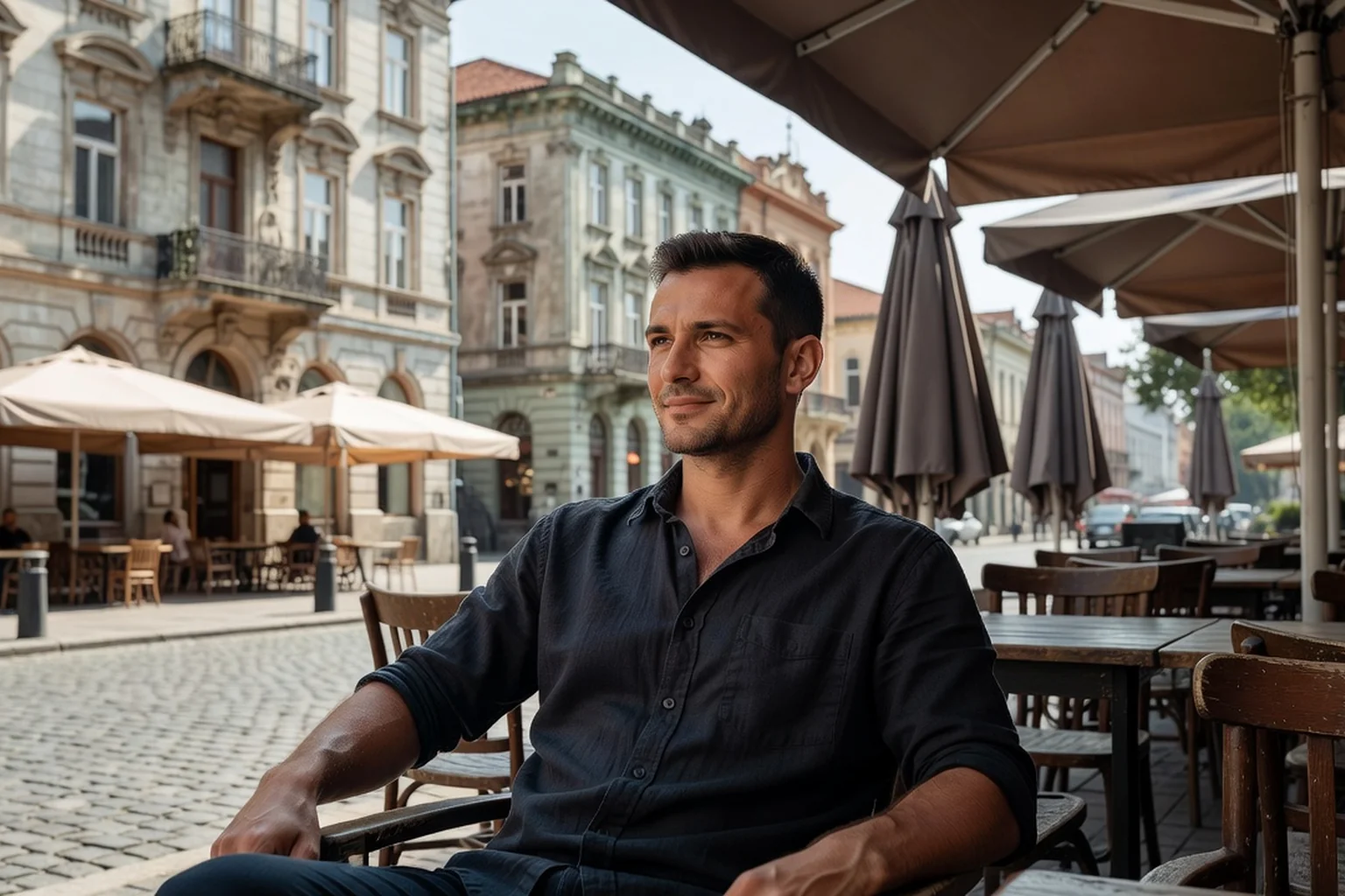 Homme serbe adulte assis en terrasse de kafana traditionnelle à Belgrade, regard détendu