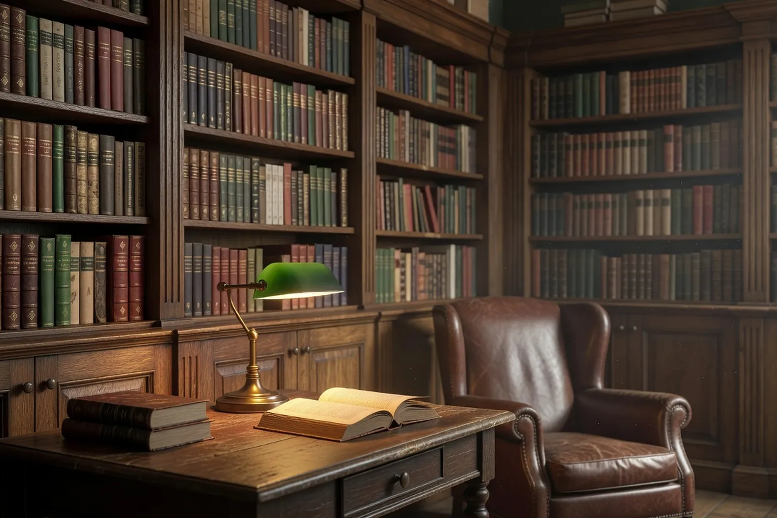 Bibliothèque ancienne avec des éditions reliées d'auteurs slaves classiques sur des étagères en bois sombre