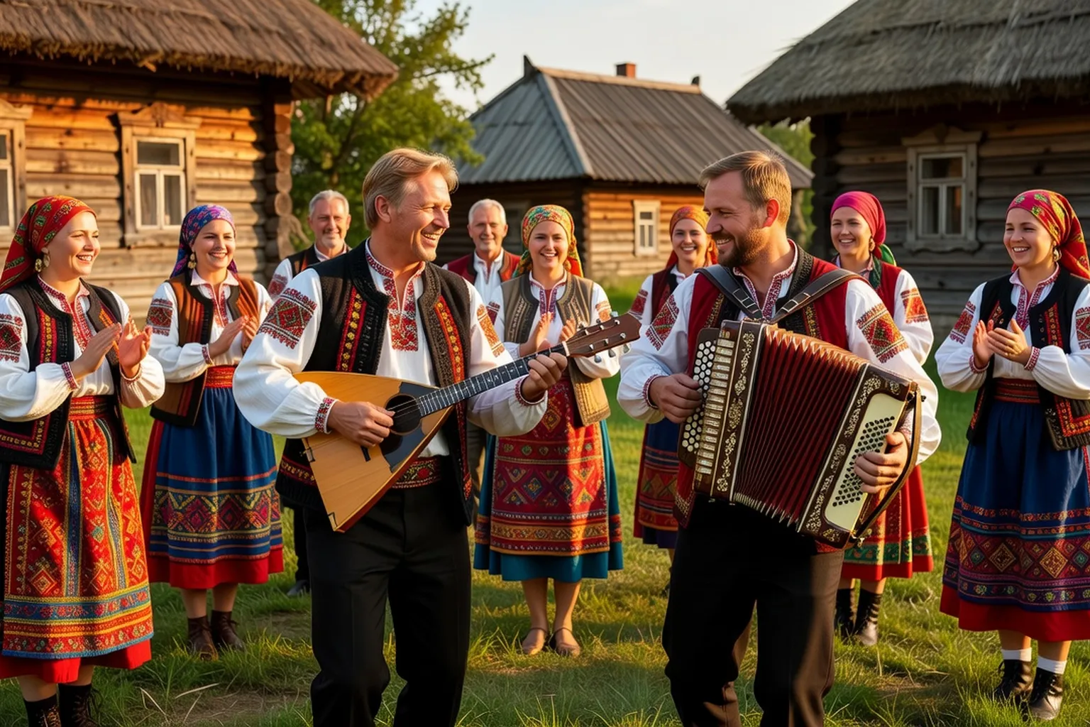 Ensemble folklorique slave en costumes traditionnels jouant de la balalaïka et chantant lors d'une fête populaire