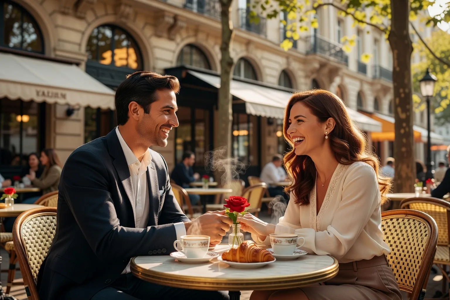 Couple souriant lors d'une première rencontre dans un café d'une ville d'Europe de l'Est