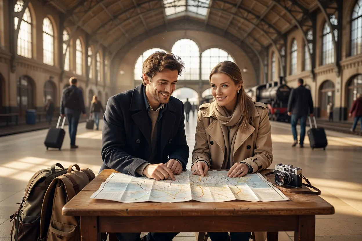 Couple franco-slave consultant une carte de voyage dans une gare d'Europe de l'Est
