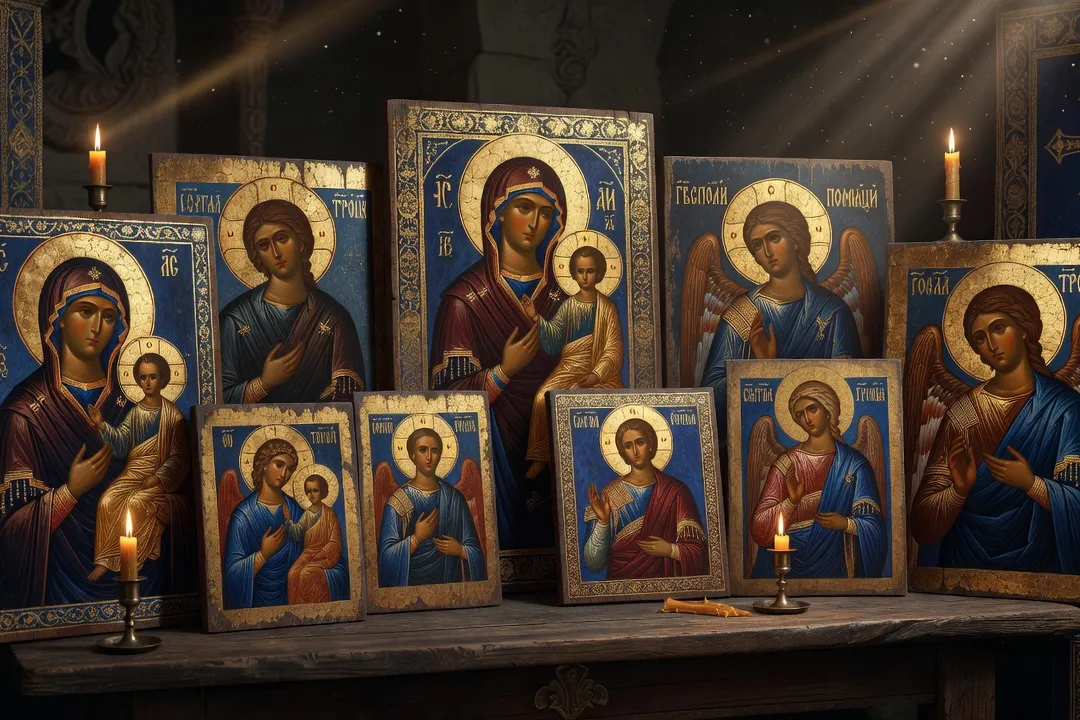 Collection d'icônes russes médiévales sur bois, dorures et bleus profonds, art sacré byzantin