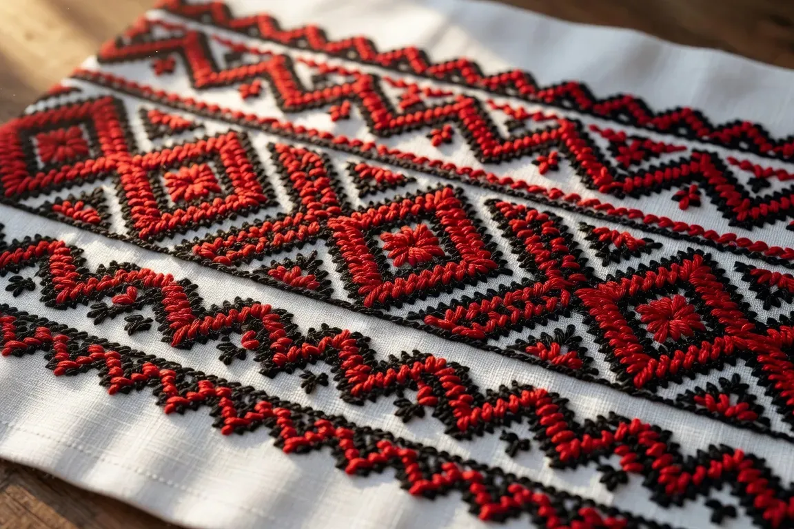 Gros plan sur une broderie vyshyvanka ukrainienne, motifs géométriques slaves traditionnels