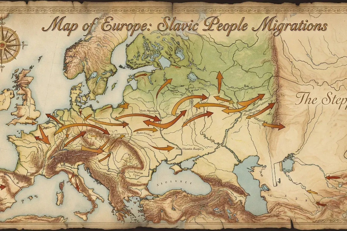 Illustration artistique des migrations des peuples slaves depuis les steppes pontiques vers l'Europe