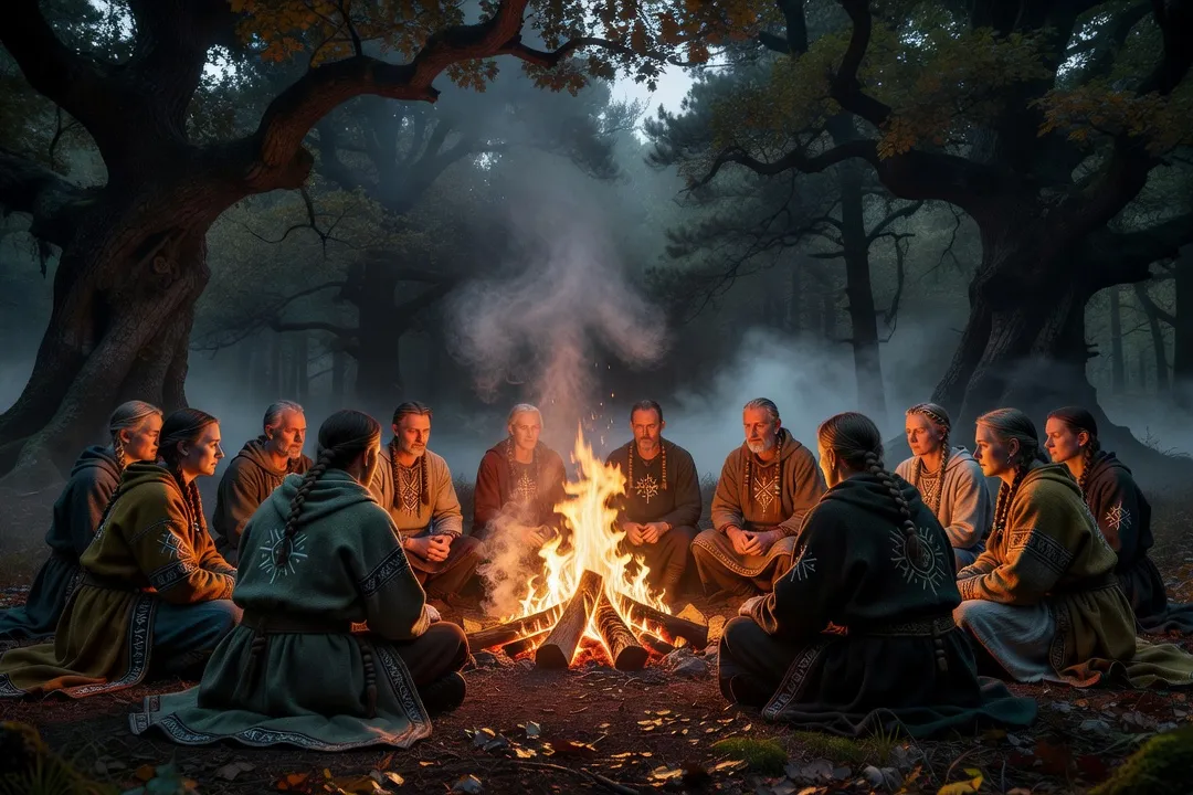 Reconstitution artistique d'un rituel slave paien en forêt, tenues historiques et feu sacré