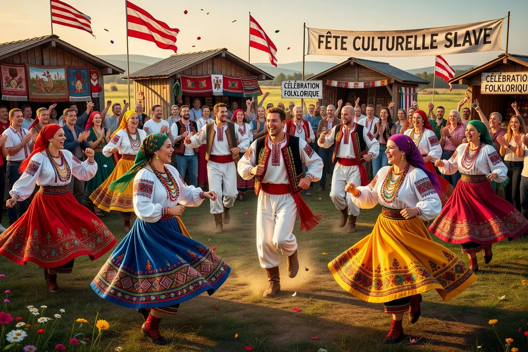 Célébration folklorique slave en plein air, danseurs en costumes traditionnels colorés