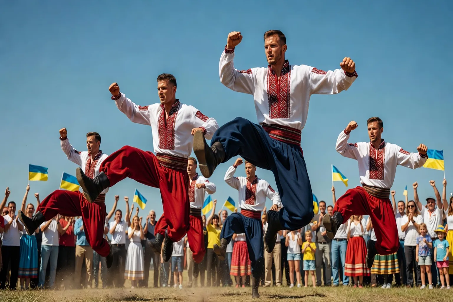Danseurs de hopak ukrainien en costume traditionnel, sauts acrobatiques