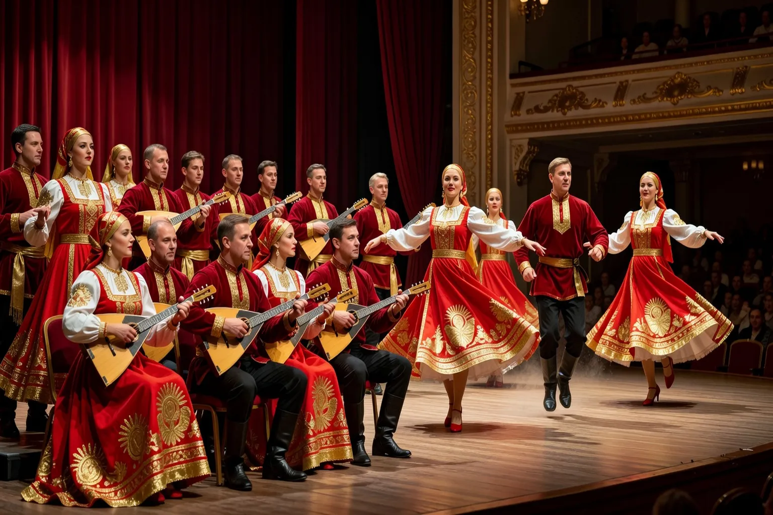 Ensemble folklorique russe en costumes colorés rouges et dorés, musiciens