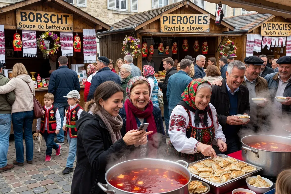 Marché ou festival slave en France, stands gastronomiques, ambiance conviviale