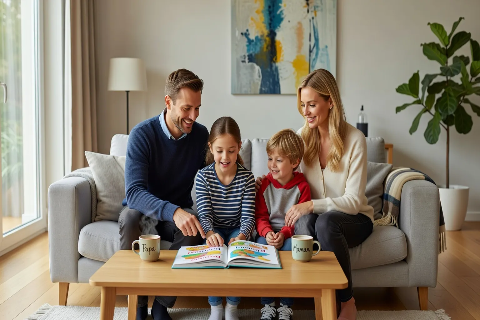 Famille franco-slave heureuse, parents et enfants bilingues