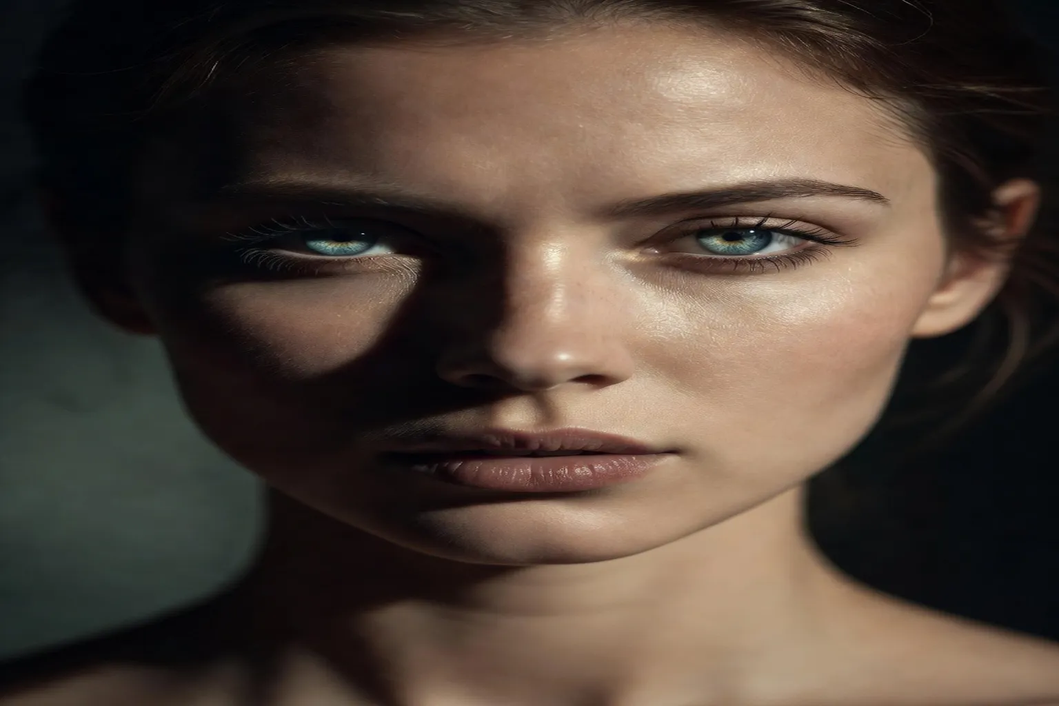 Gros plan yeux slaves, regard profond bleu-vert, pommettes hautes