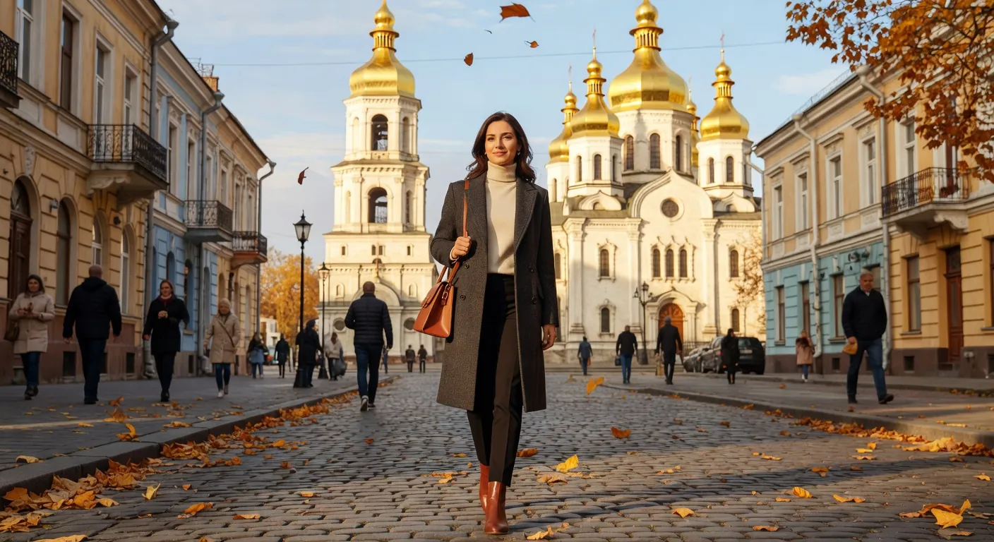 Femme ukrainienne dans un cadre urbain de Kiev avec architecture historique en arrière-plan