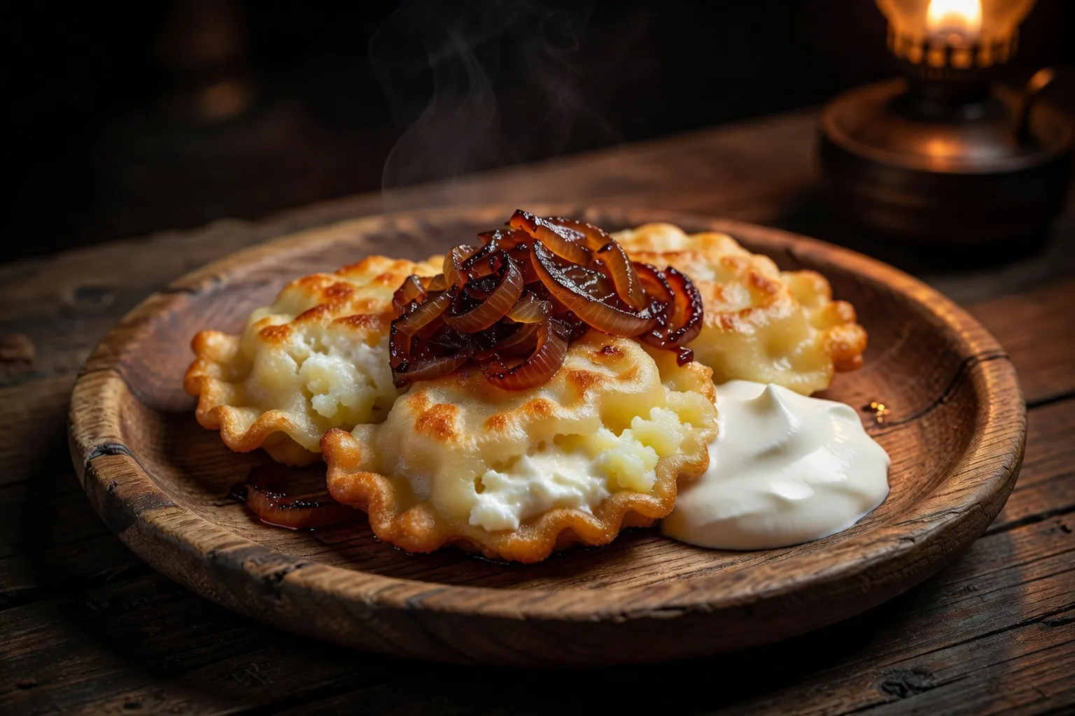 Pierogis polonais farcis au fromage blanc et pomme de terre, dorés à la poêle et servis avec smetana et oignons frits