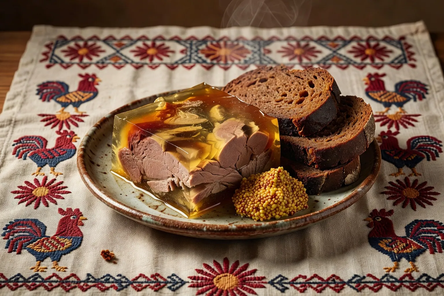 Kholodets slave, aspic de viande en gelée translucide servi avec moutarde forte et pain de seigle noir