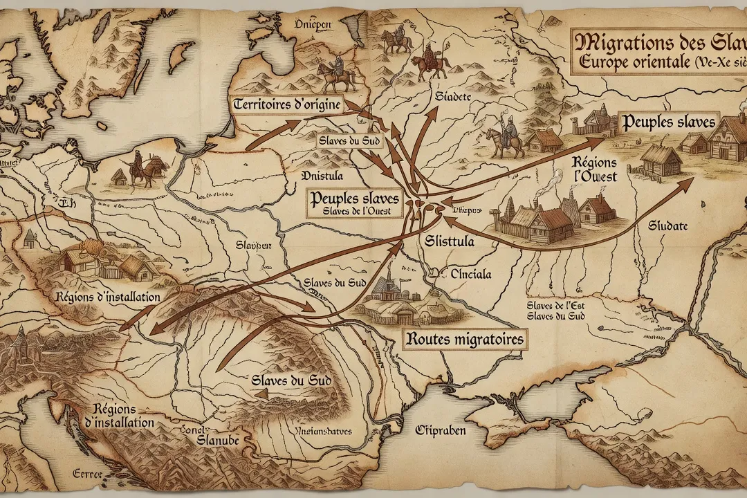Carte historique illustrée des migrations slaves en Europe orientale, cartographie médiévale