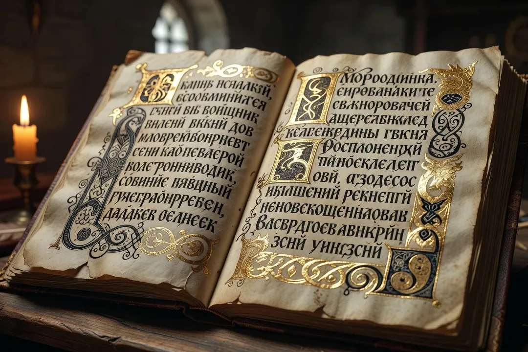 Manuscrit slave médiéval enluminé, écriture cyrillique ornée de motifs dorés