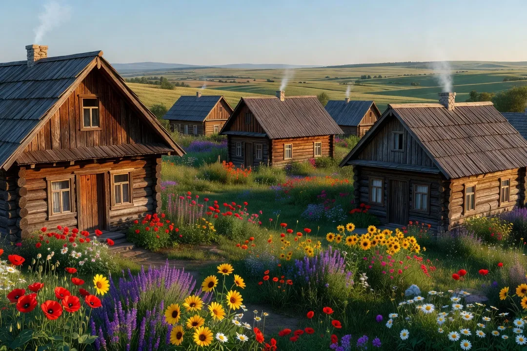 Village slave traditionnel d'Europe de l'Est, maisons en bois avec jardins fleuris