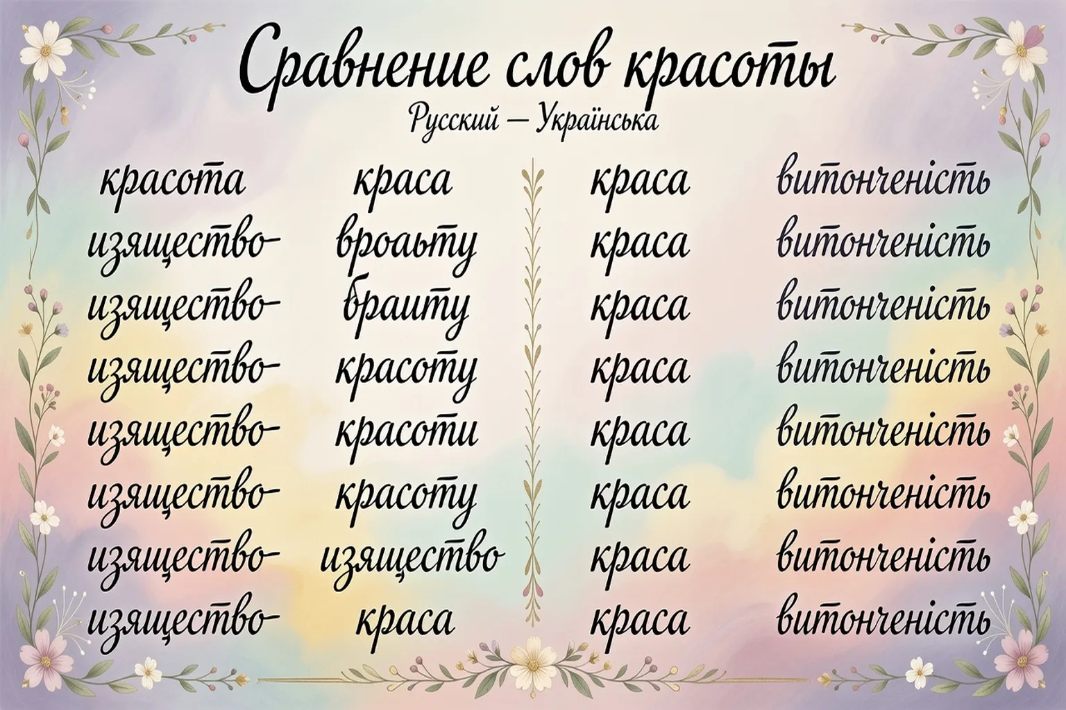 Tableau comparatif illustré, mots de beauté russes et ukrainiens calligraphiés sur fond pastel