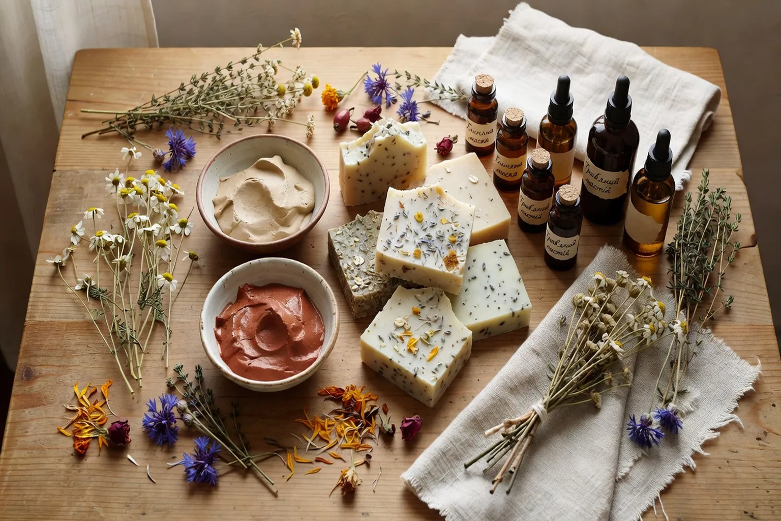 Rituels de beauté slaves : masques naturels, savons artisanaux, fleurs séchées, ambiance naturelle slave