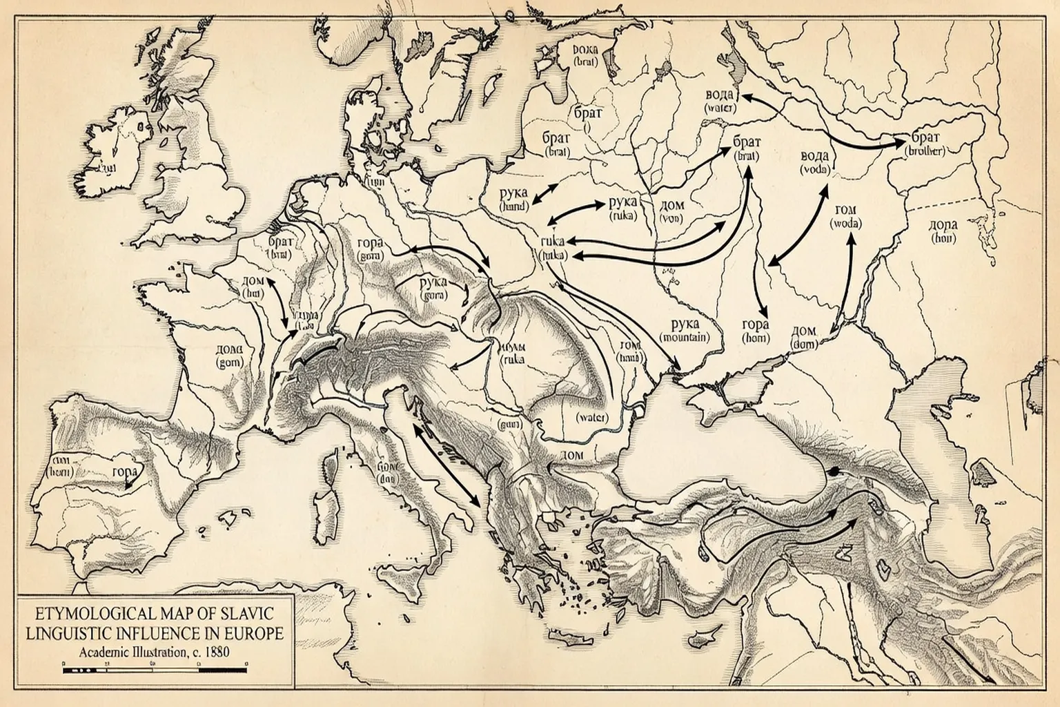 Carte étymologique illustrée, mots slaves répartis sur une carte d'Europe