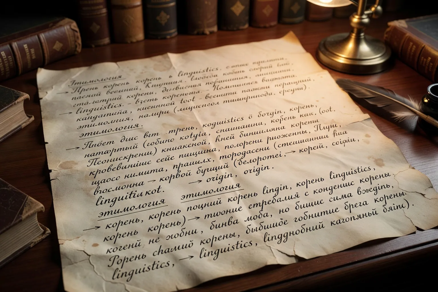 Gros plan de texte cyrillique et latin sur papier ancien, étymologie slave